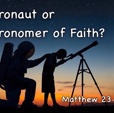 Photo of Astronaut standing with child astronomer at a telescope